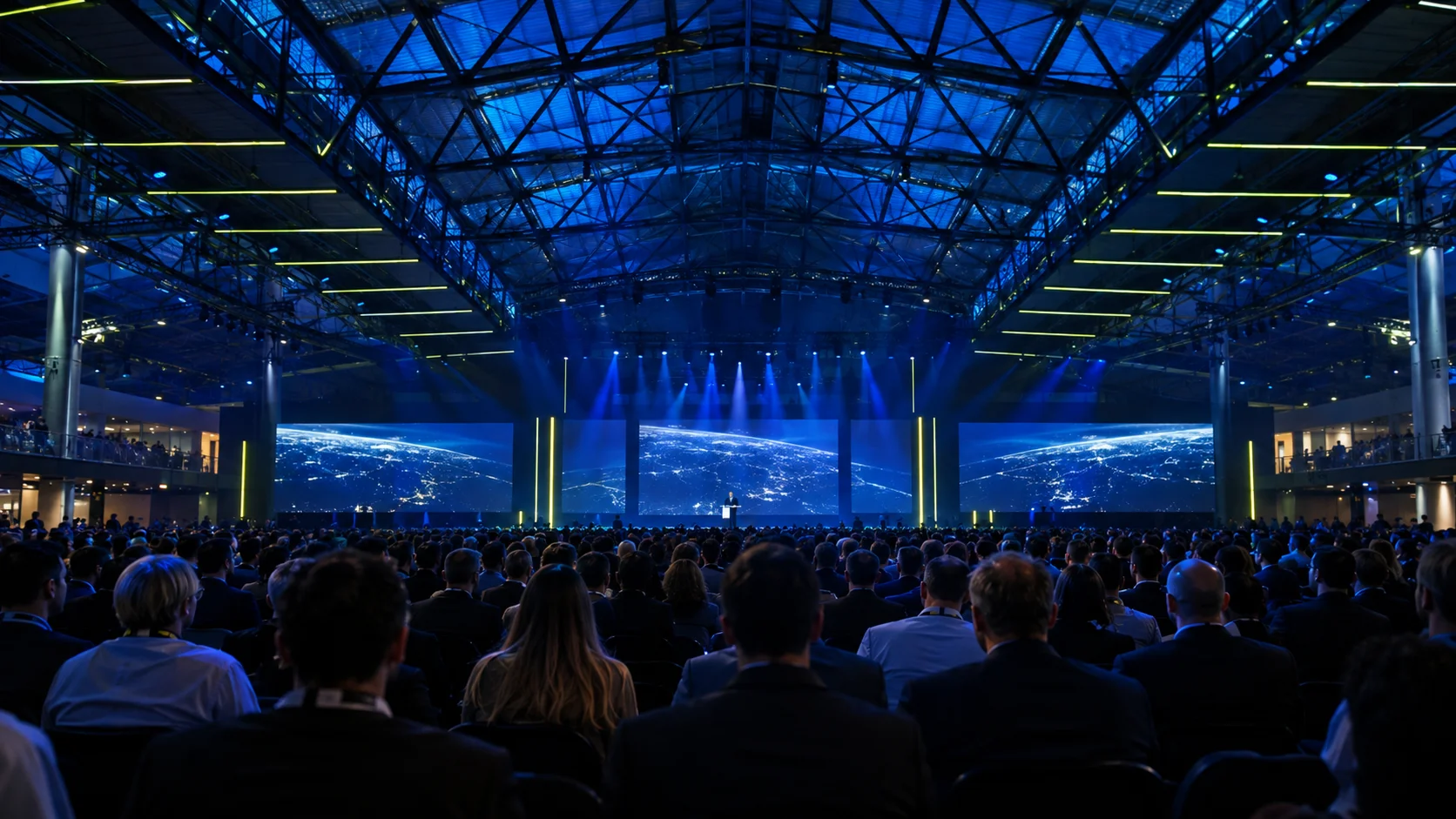 Illustrative concept of a large industry summit with blue stage lighting and a seated audience